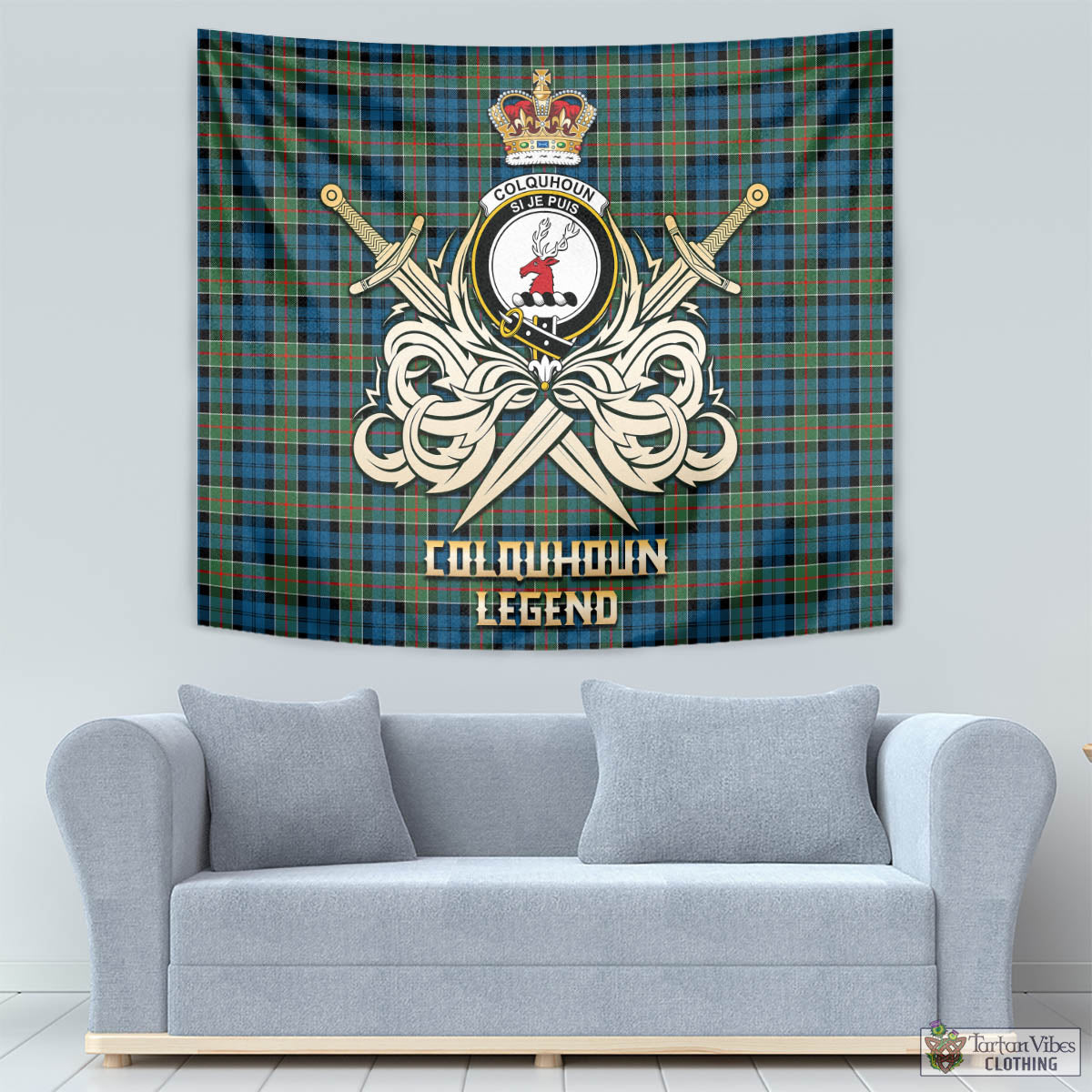 Tartan Vibes Clothing Colquhoun Ancient Tartan Tapestry with Clan Crest and the Golden Sword of Courageous Legacy