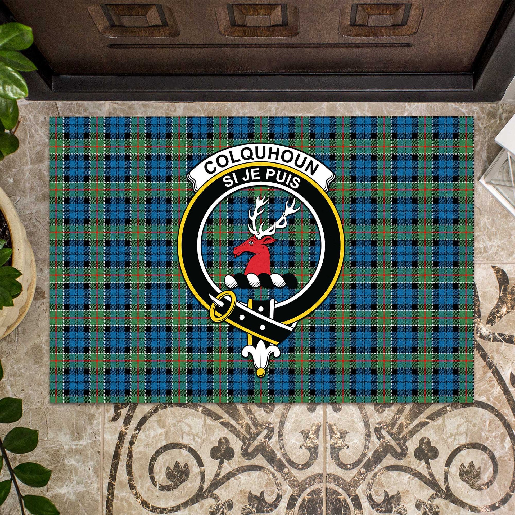 Colquhoun Ancient Tartan Door Mat with Family Crest - Tartanvibesclothing