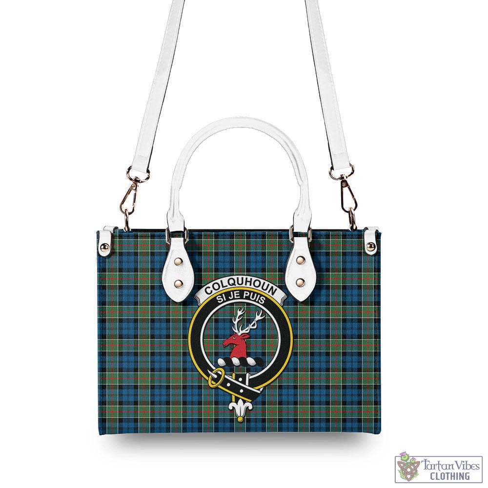 Tartan Vibes Clothing Colquhoun Ancient Tartan Luxury Leather Handbags with Family Crest