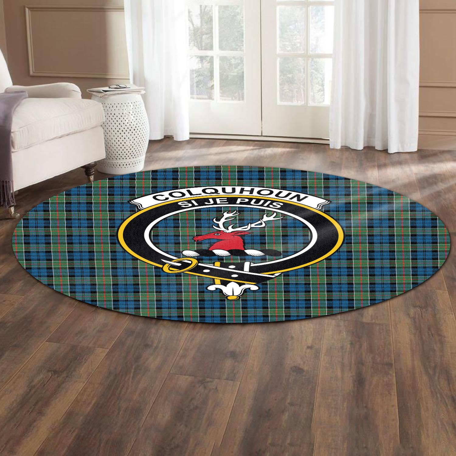 Colquhoun Ancient Tartan Round Rug with Family Crest - Tartanvibesclothing