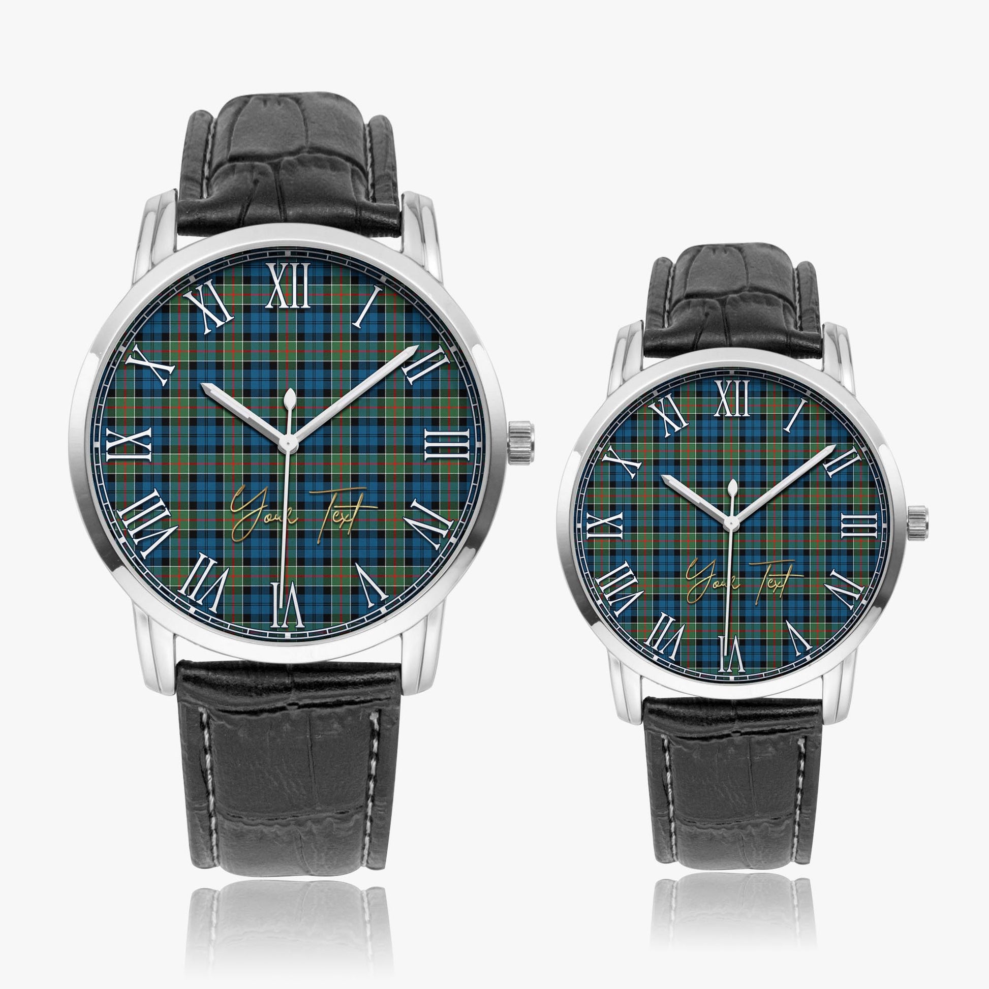 Colquhoun Ancient Tartan Personalized Your Text Leather Trap Quartz Watch Wide Type Silver Case With Black Leather Strap - Tartanvibesclothing