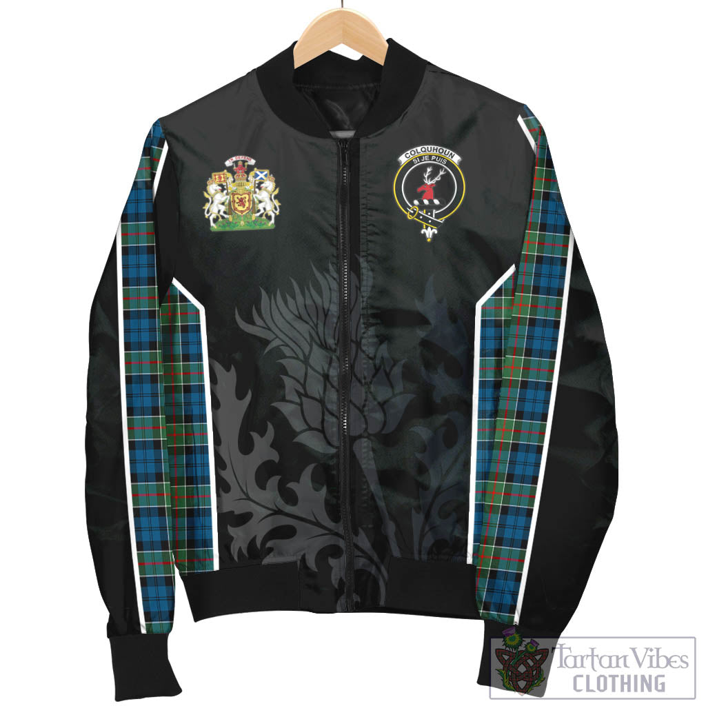 Tartan Vibes Clothing Colquhoun Ancient Tartan Bomber Jacket with Family Crest and Scottish Thistle Vibes Sport Style