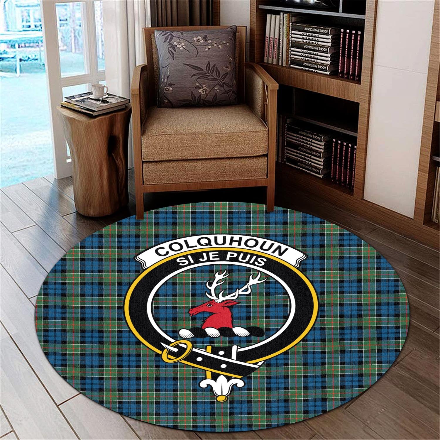 Colquhoun Ancient Tartan Round Rug with Family Crest - Tartanvibesclothing