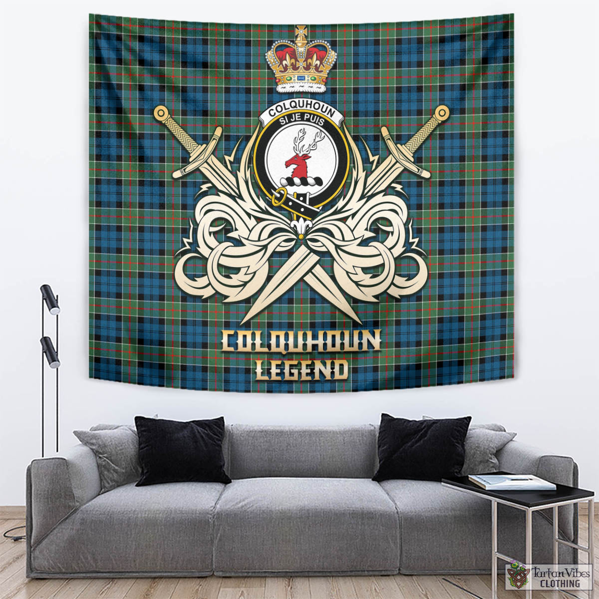 Tartan Vibes Clothing Colquhoun Ancient Tartan Tapestry with Clan Crest and the Golden Sword of Courageous Legacy