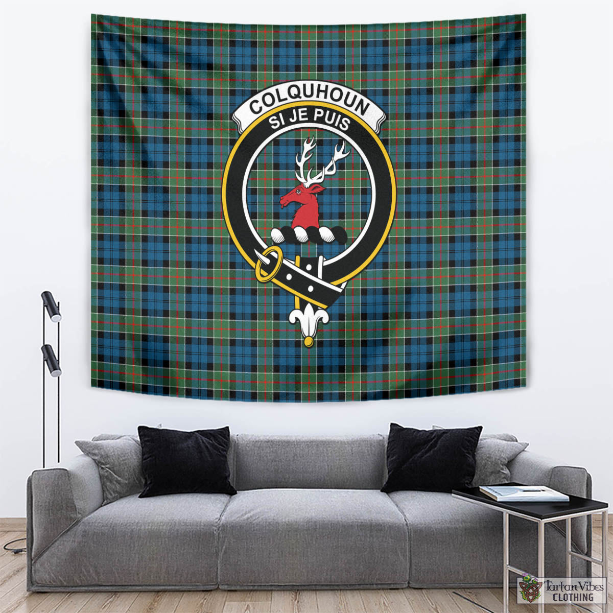 Tartan Vibes Clothing Colquhoun Ancient Tartan Tapestry Wall Hanging and Home Decor for Room with Family Crest