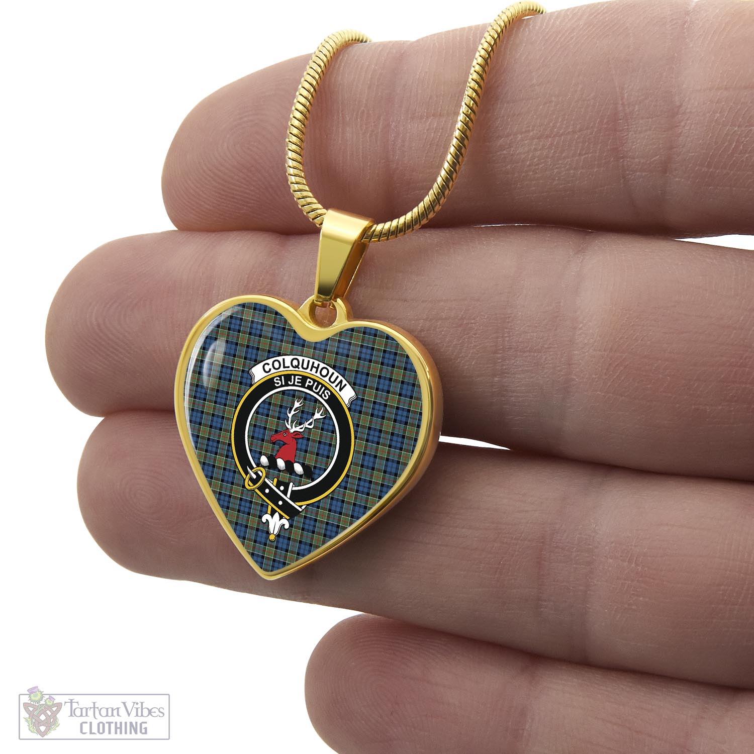 Tartan Vibes Clothing Colquhoun Ancient Tartan Heart Necklace with Family Crest