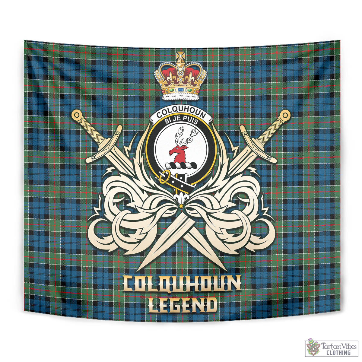 Tartan Vibes Clothing Colquhoun Ancient Tartan Tapestry with Clan Crest and the Golden Sword of Courageous Legacy