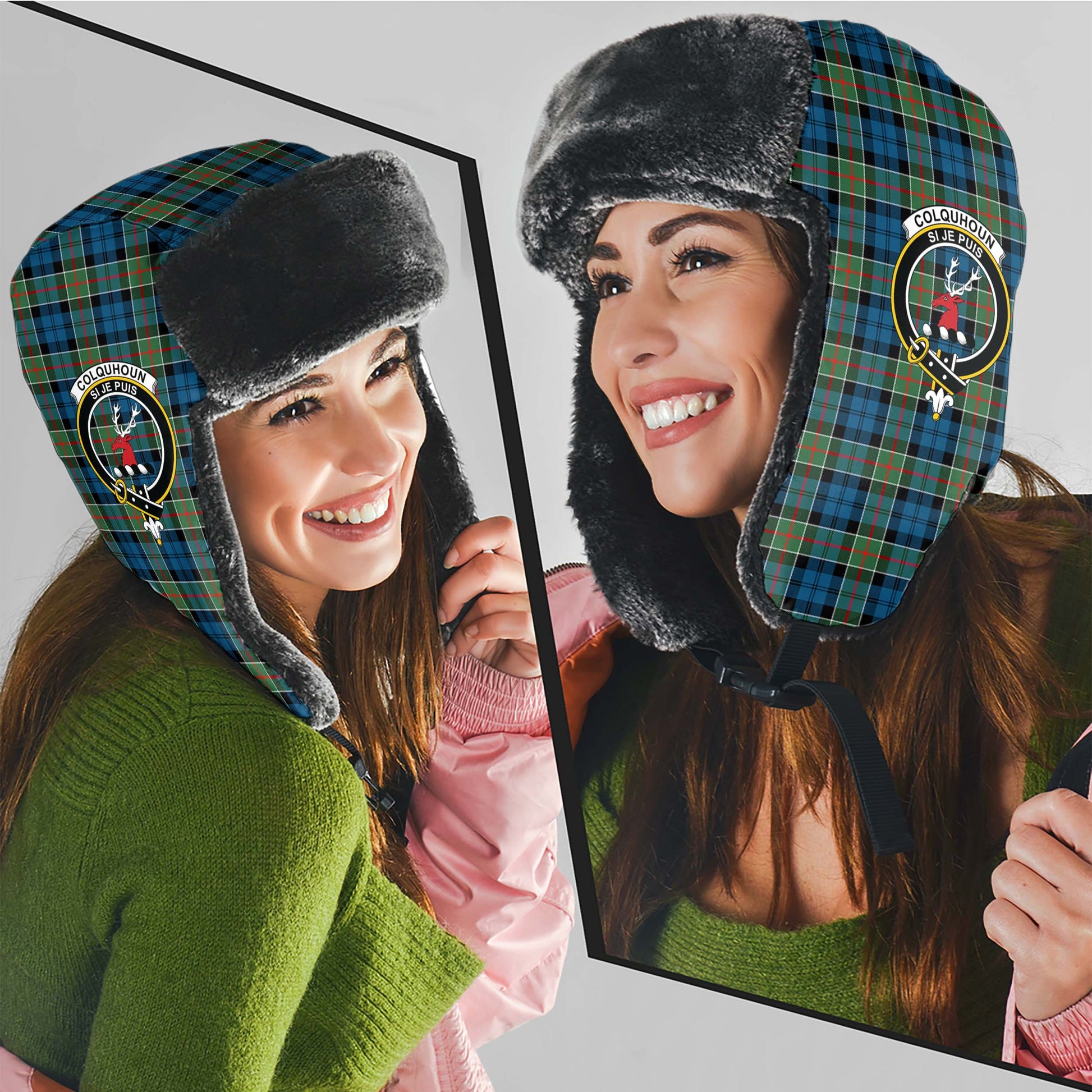 Colquhoun Ancient Tartan Winter Trapper Hat with Family Crest - Tartanvibesclothing