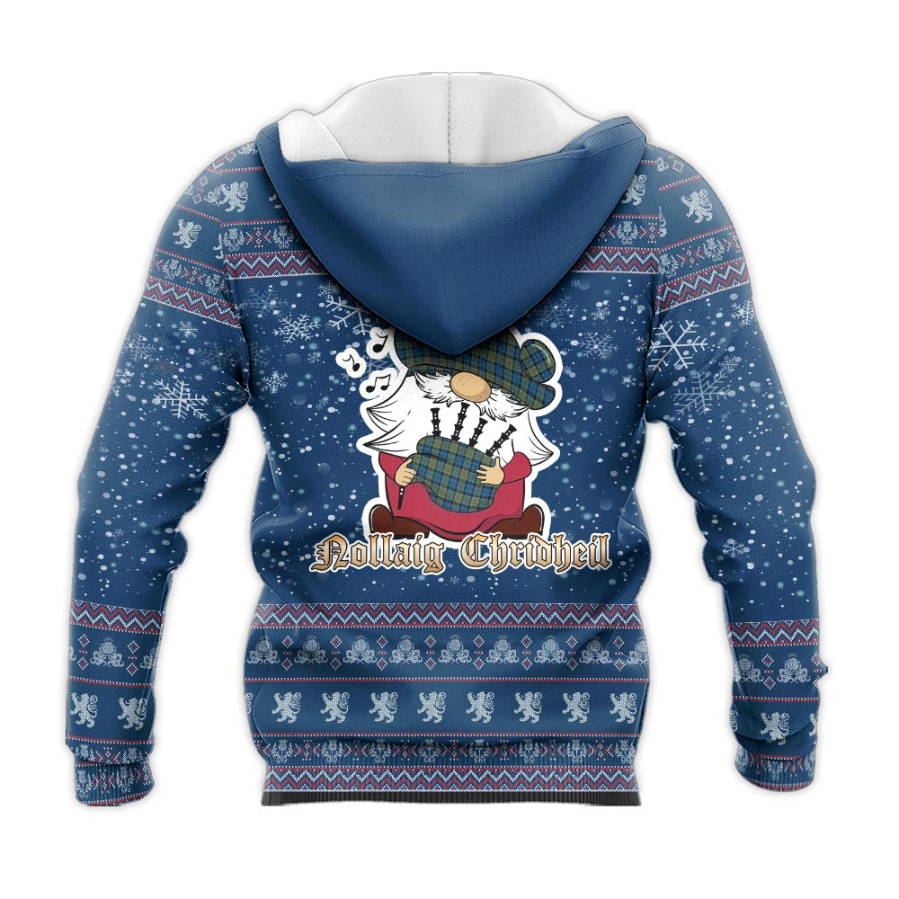 Colquhoun Ancient Clan Christmas Knitted Hoodie with Funny Gnome Playing Bagpipes - Tartanvibesclothing