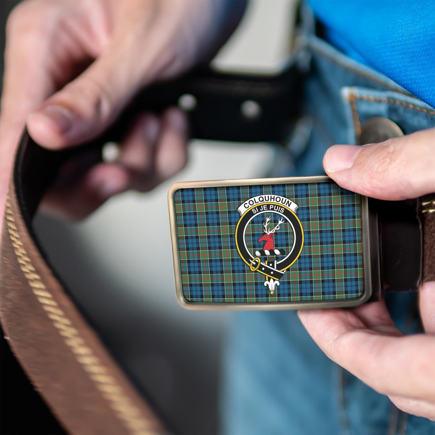 Colquhoun Ancient Tartan Belt Buckles with Family Crest - Tartan Vibes Clothing