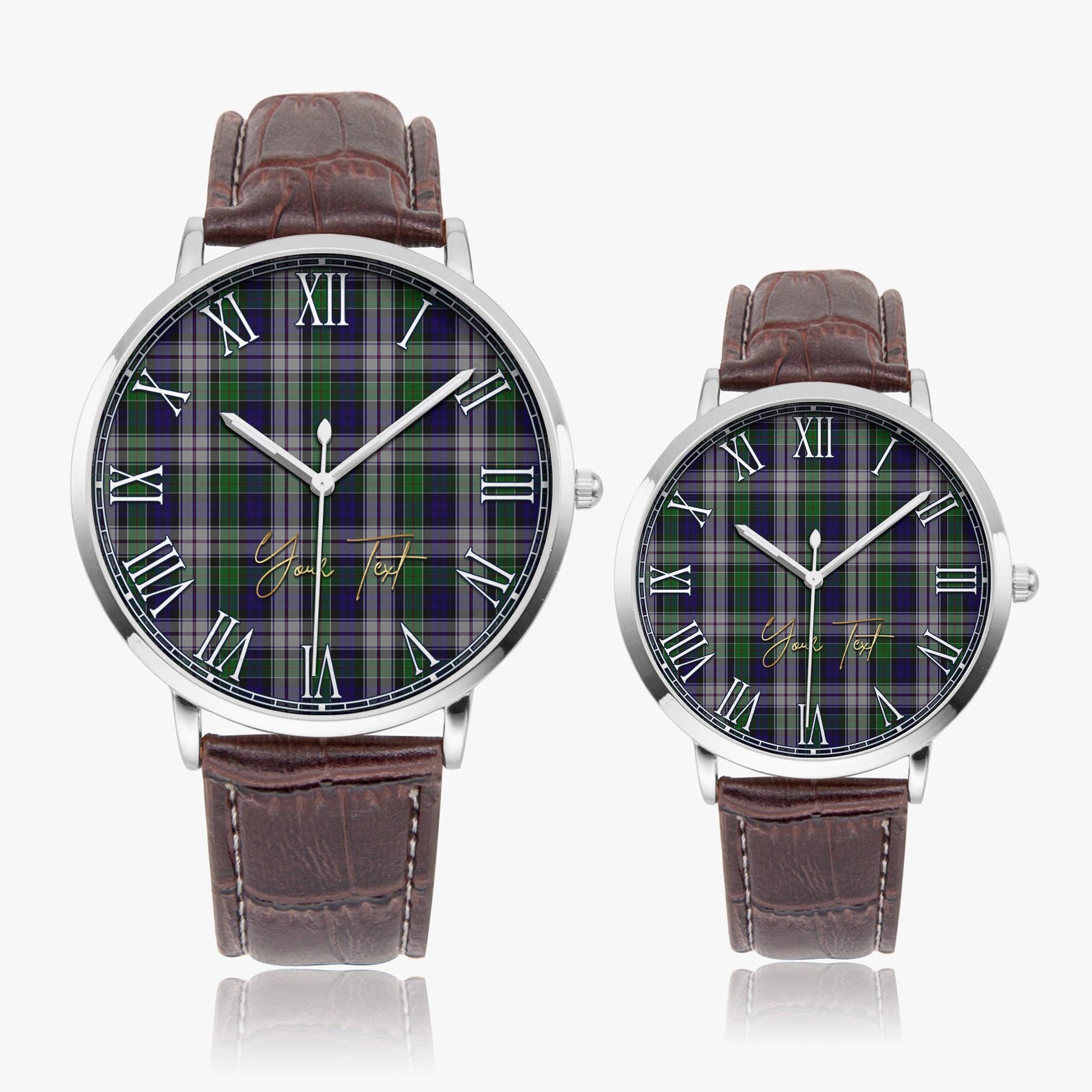 Colquhoun Dress Tartan Personalized Your Text Leather Trap Quartz Watch Ultra Thin Silver Case With Brown Leather Strap - Tartanvibesclothing