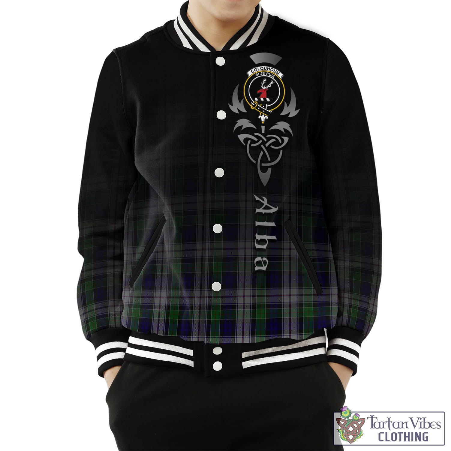 Tartan Vibes Clothing Colquhoun Dress Tartan Baseball Jacket Featuring Alba Gu Brath Family Crest Celtic Inspired