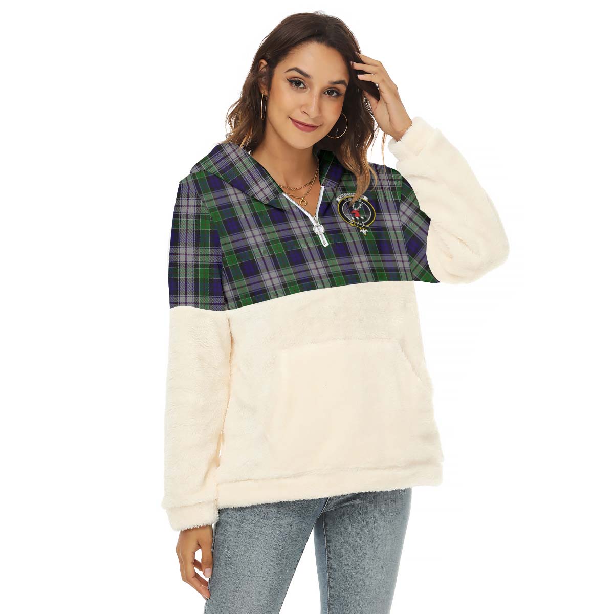 Colquhoun Dress Tartan Women's Borg Fleece Hoodie With Half Zip with Family Crest Female - Tartan Vibes Clothing