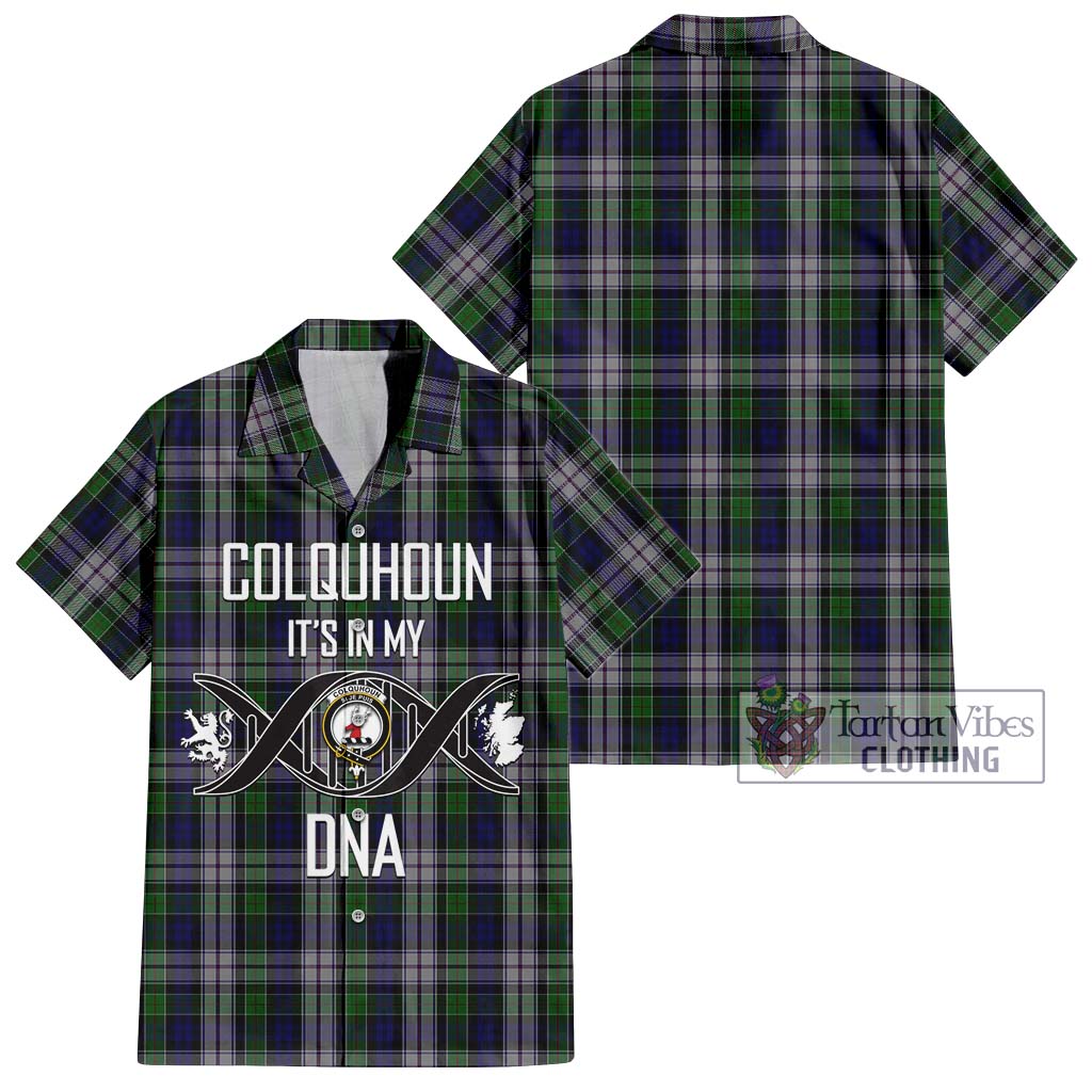 Tartan Vibes Clothing Colquhoun Dress Tartan Short Sleeve Button Shirt with Family Crest DNA In Me Style