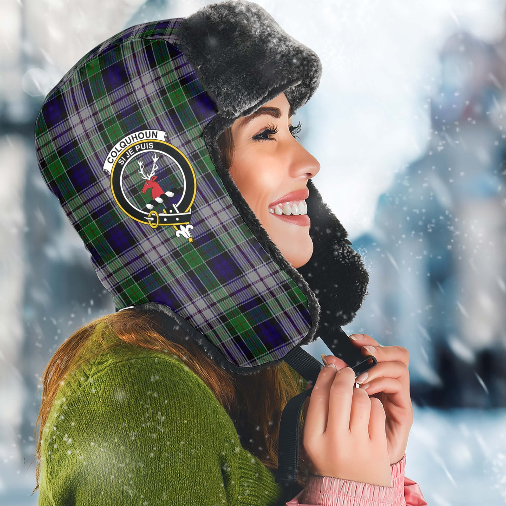 Colquhoun Dress Tartan Winter Trapper Hat with Family Crest Winter Trapper Hat Universal Fit Circumference 22.8in (58cm) - Tartanvibesclothing