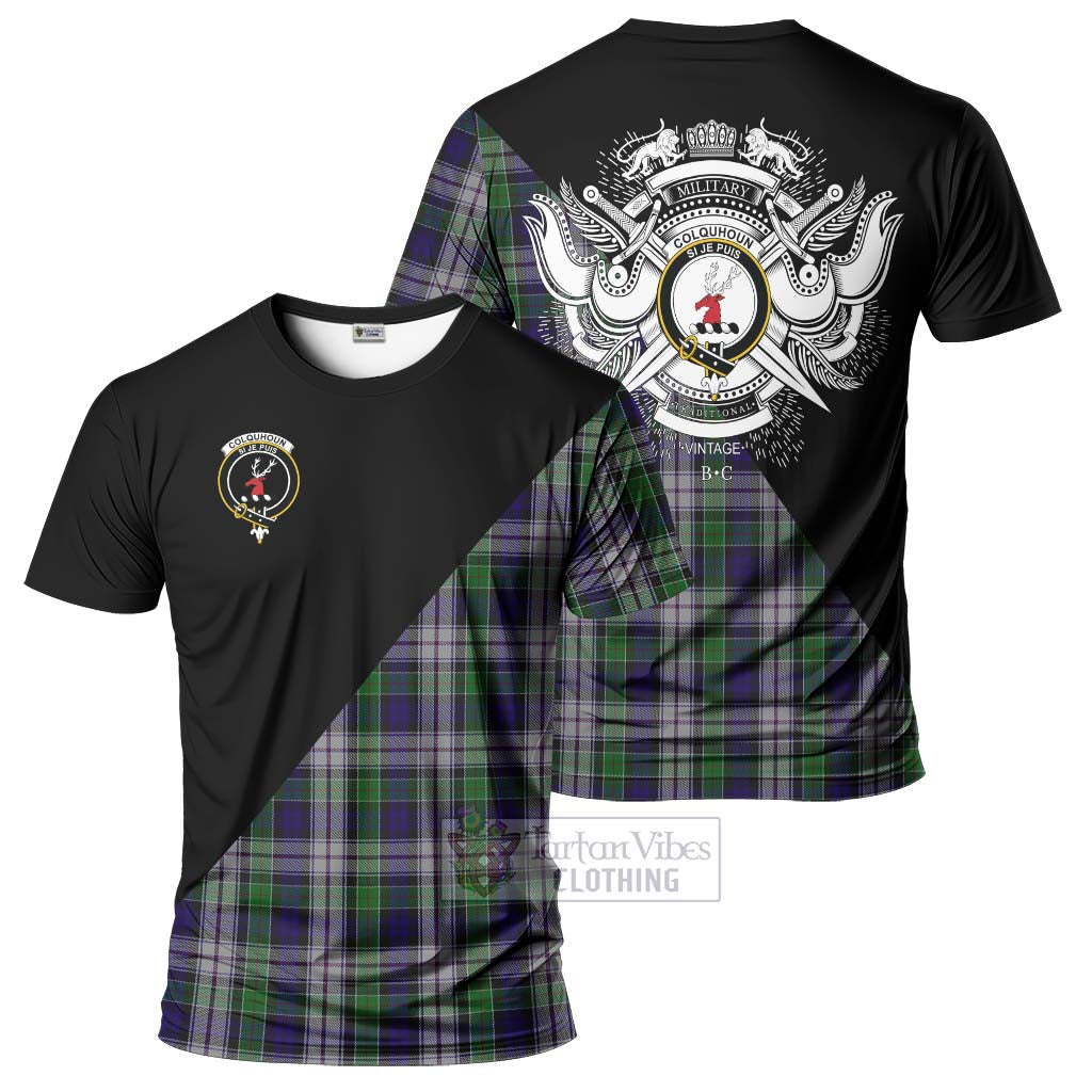 Tartan Vibes Clothing Colquhoun Dress Tartan T-Shirt with Family Crest and Military Logo Style