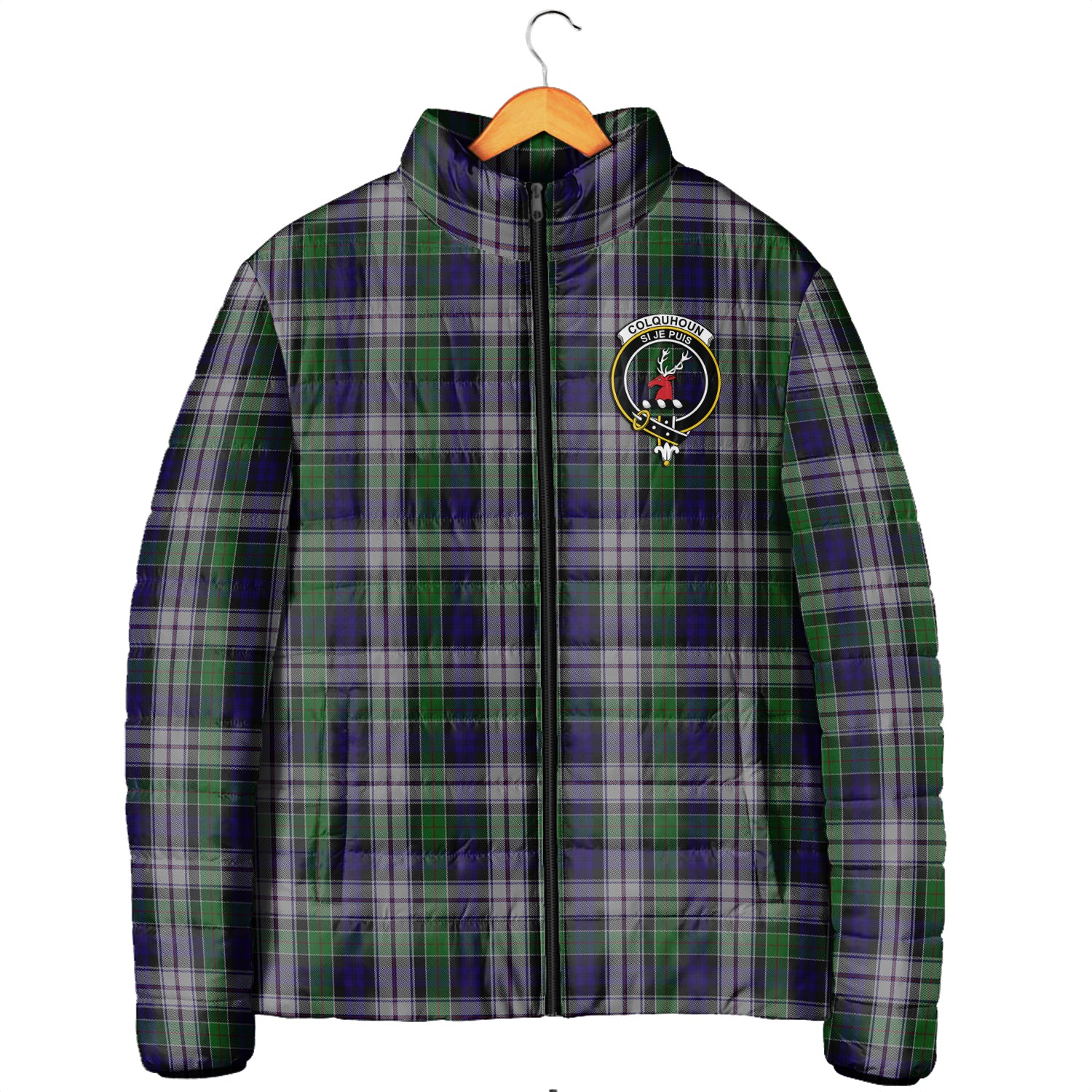 Colquhoun Dress Tartan Padded Jacket with Family Crest Men's Padded Jacket - Tartan Vibes Clothing