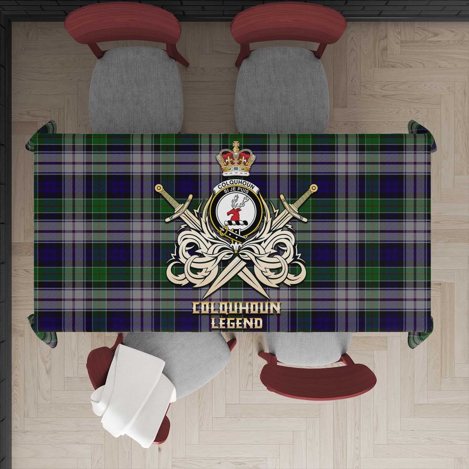 Tartan Vibes Clothing Colquhoun Dress Tartan Tablecloth with Clan Crest and the Golden Sword of Courageous Legacy