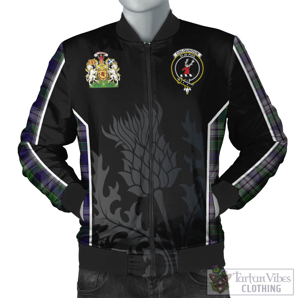 Tartan Vibes Clothing Colquhoun Dress Tartan Bomber Jacket with Family Crest and Scottish Thistle Vibes Sport Style