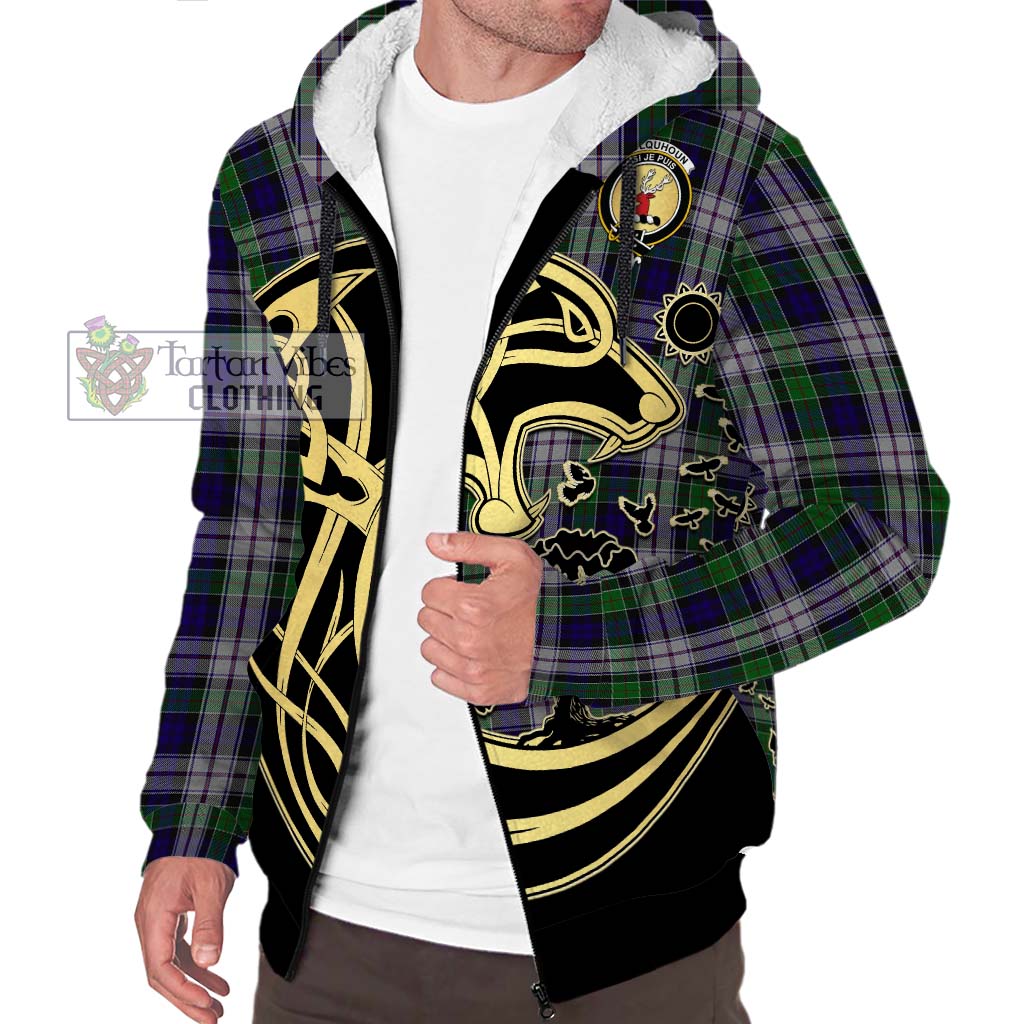 Tartan Vibes Clothing Colquhoun Dress Tartan Sherpa Hoodie with Family Crest Celtic Wolf Style