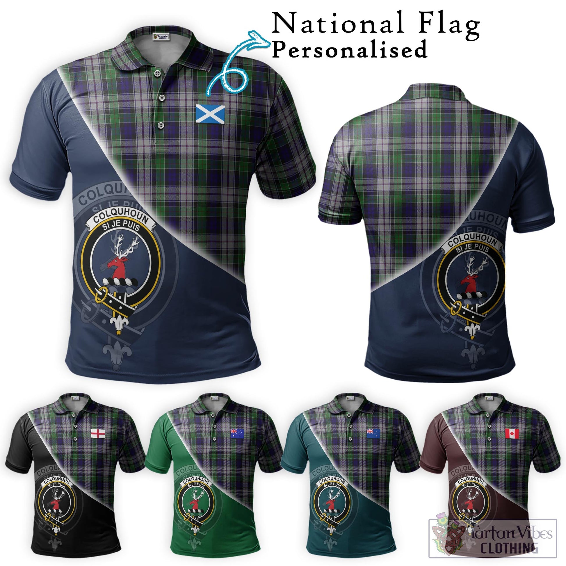 Tartan Vibes Clothing Colquhoun Dress Tartan Polo Shirt with Personalised National Flag and Family Crest Half Style