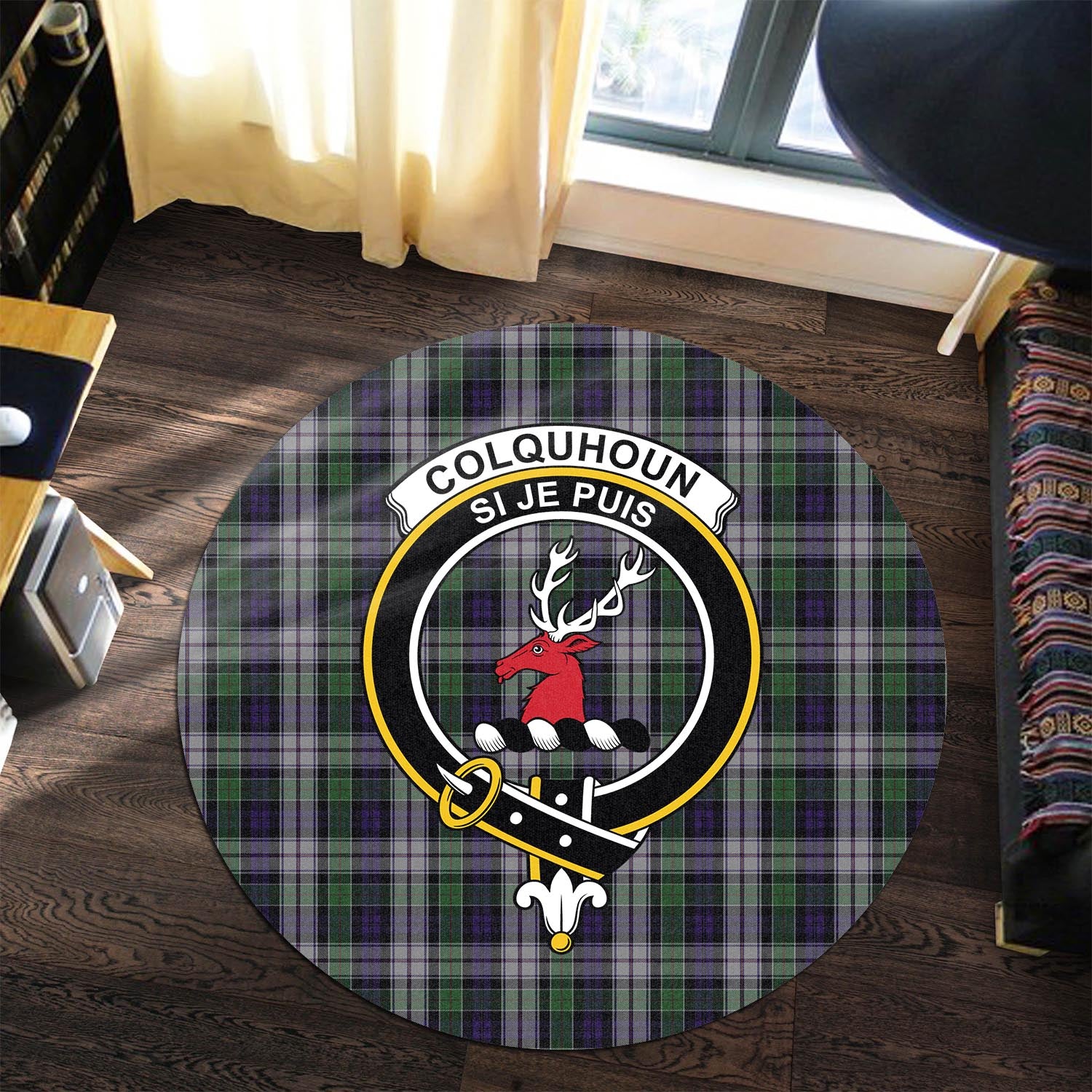 Colquhoun Dress Tartan Round Rug with Family Crest - Tartanvibesclothing