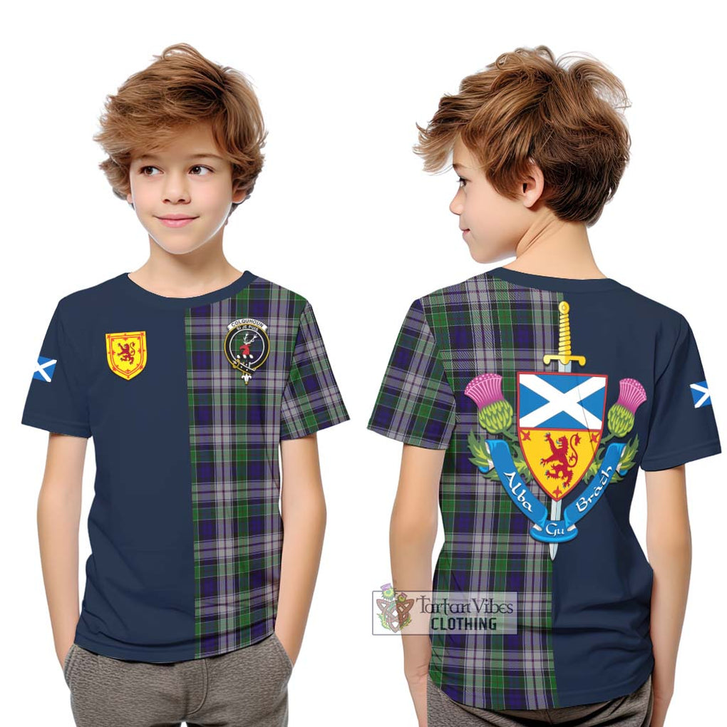 Tartan Vibes Clothing Colquhoun Dress Tartan Kid T-Shirt with Scottish Lion Royal Arm Half Style