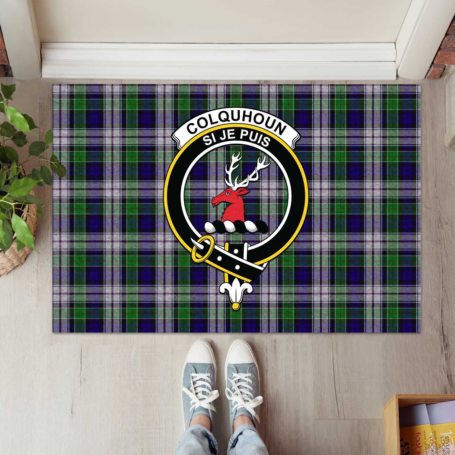 Colquhoun Dress Tartan Door Mat with Family Crest - Tartanvibesclothing