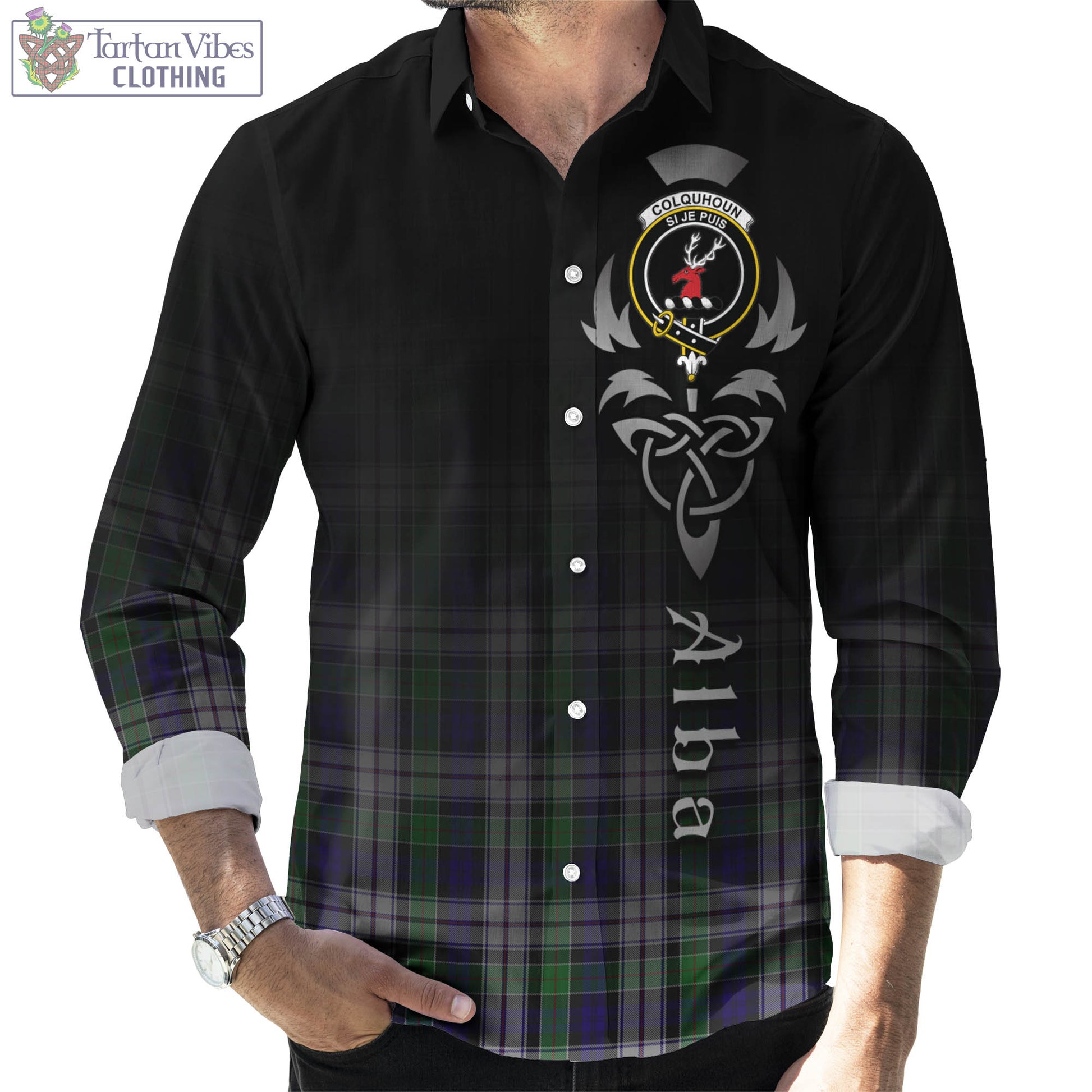 Tartan Vibes Clothing Colquhoun Dress Tartan Long Sleeve Button Up Featuring Alba Gu Brath Family Crest Celtic Inspired