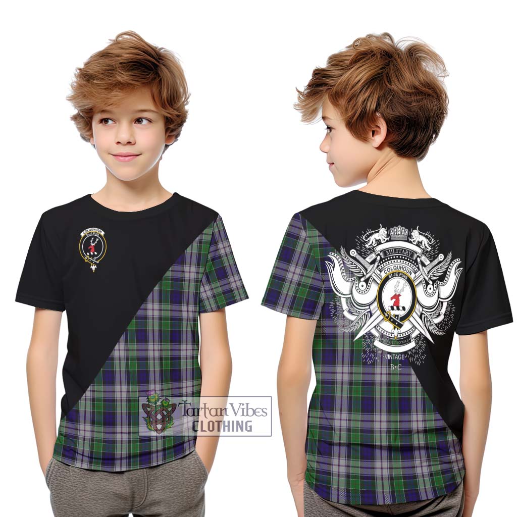 Tartan Vibes Clothing Colquhoun Dress Tartan Kid T-Shirt with Family Crest and Military Logo Style