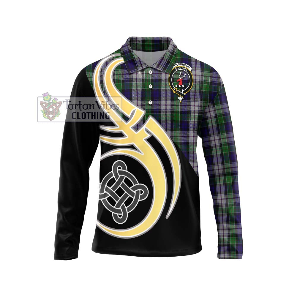 Colquhoun Dress Tartan Long Sleeve Polo Shirt with Family Crest and Celtic Symbol Style Unisex - Tartan Vibes Clothing