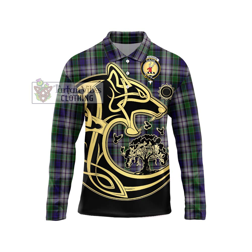 Tartan Vibes Clothing Colquhoun Dress Tartan Long Sleeve Polo Shirt with Family Crest Celtic Wolf Style