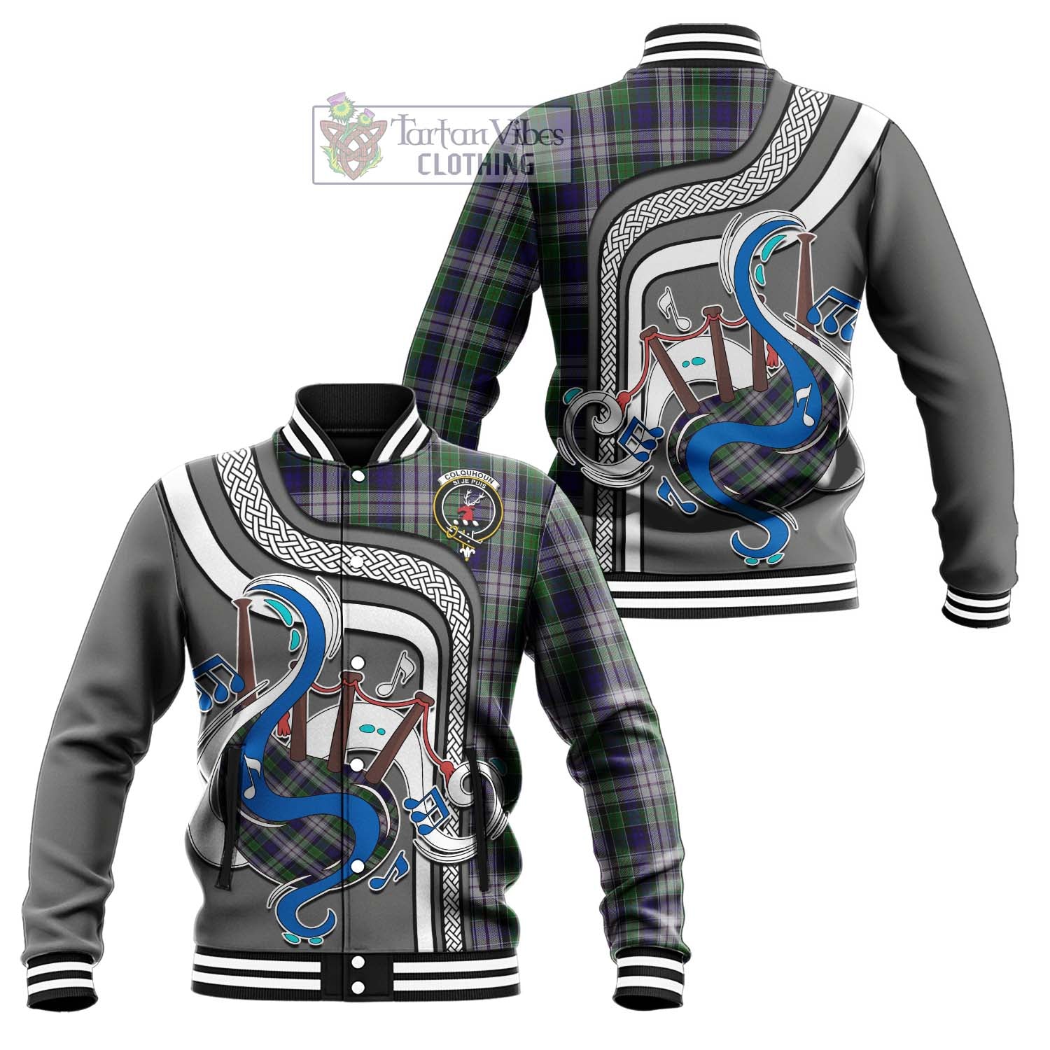 Tartan Vibes Clothing Colquhoun Dress Tartan Baseball Jacket with Epic Bagpipe Style