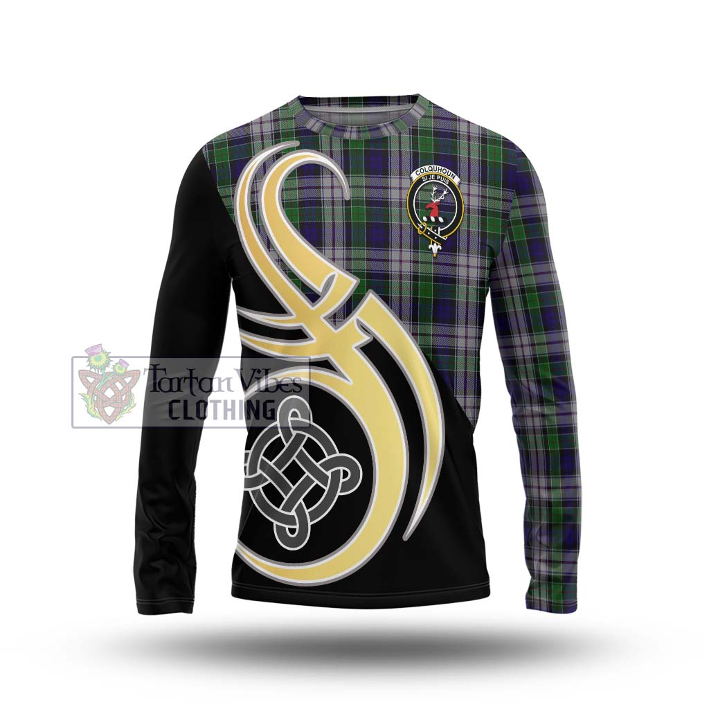 Colquhoun Dress Tartan Long Sleeve T-Shirt with Family Crest and Celtic Symbol Style Unisex - Tartan Vibes Clothing