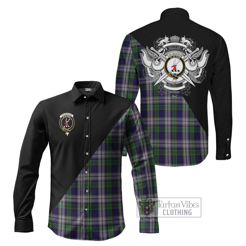 Tartan Vibes Clothing Colquhoun Dress Tartan Long Sleeve Button Shirt with Family Crest and Military Logo Style