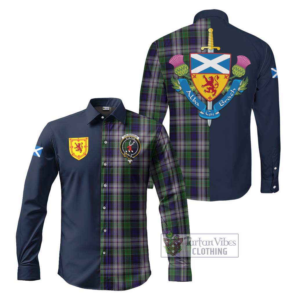 Tartan Vibes Clothing Colquhoun Dress Tartan Long Sleeve Button Shirt with Scottish Lion Royal Arm Half Style