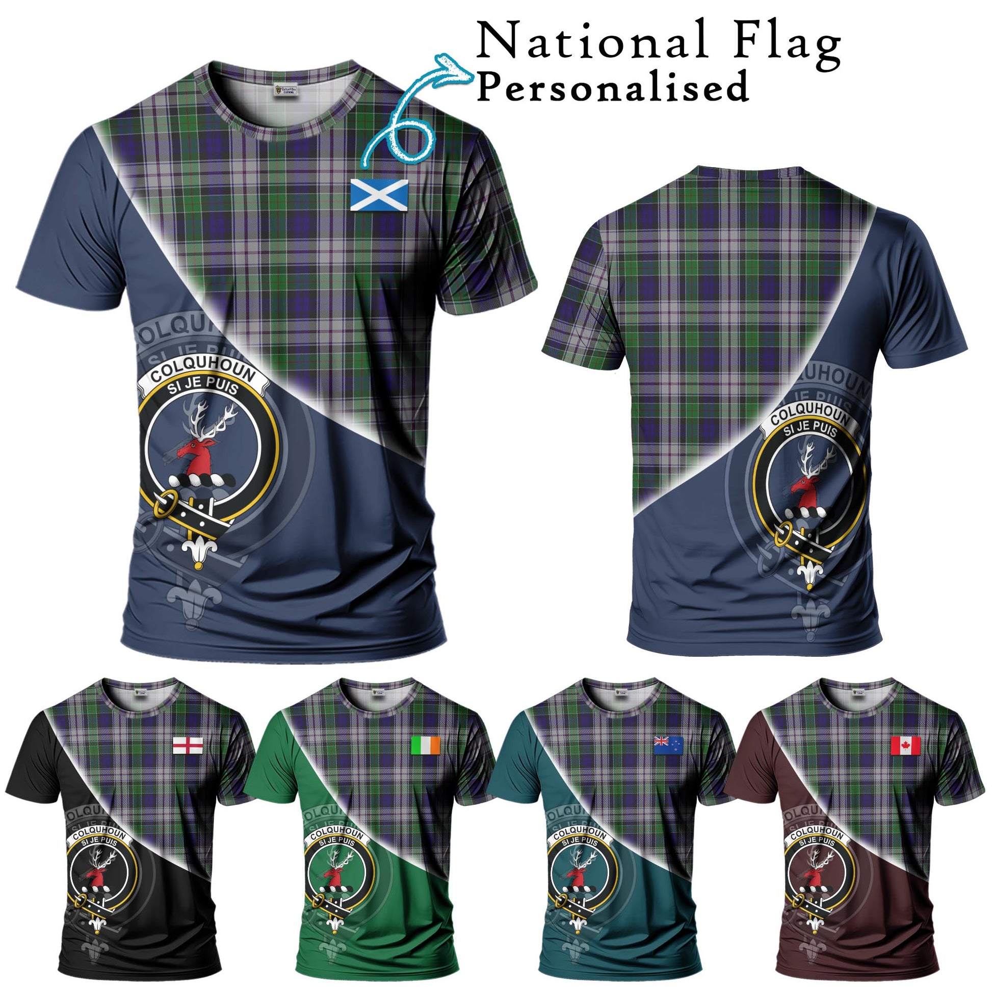 Tartan Vibes Clothing Colquhoun Dress Tartan T-Shirt with Personalised National Flag and Family Crest Half Style