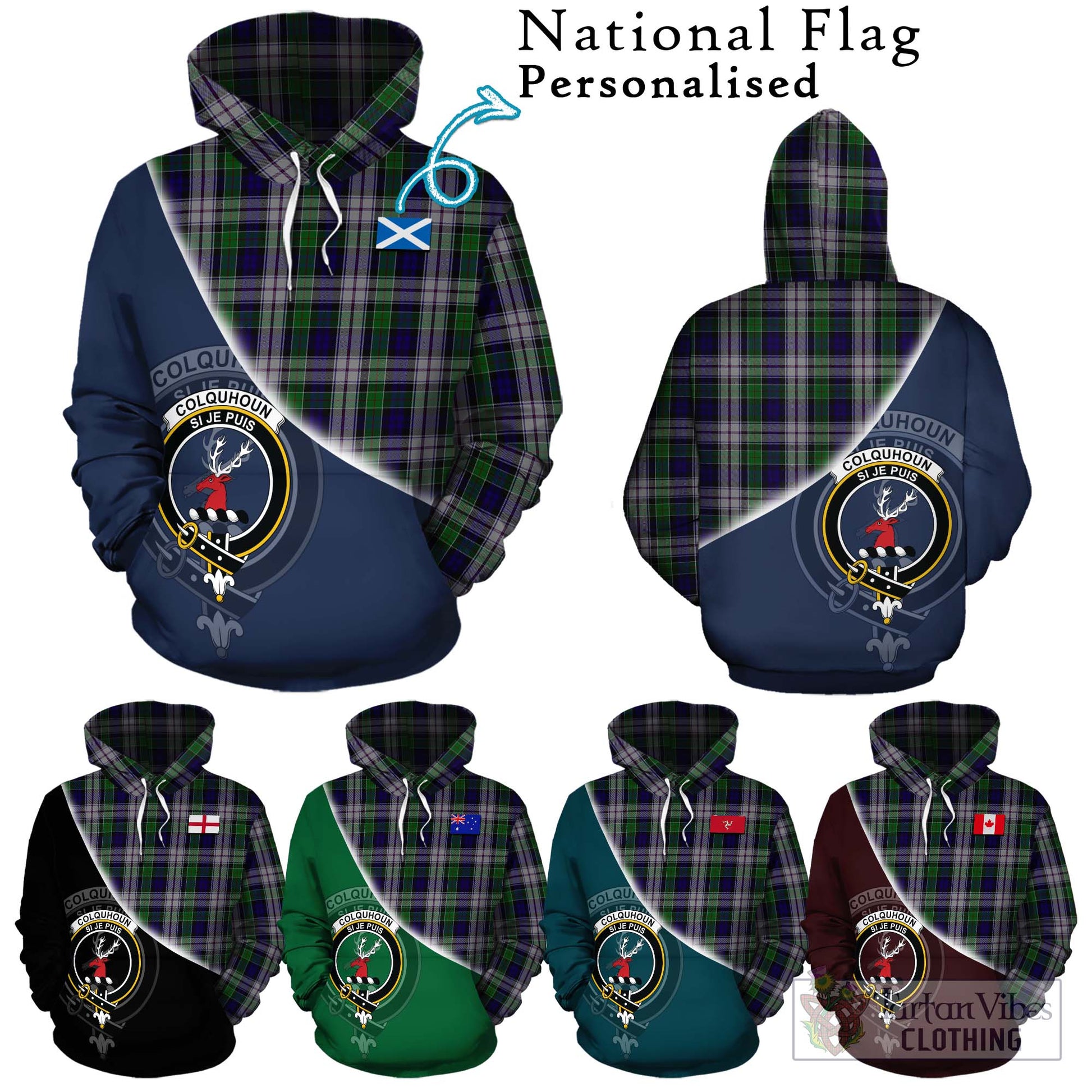 Tartan Vibes Clothing Colquhoun Dress Tartan Hoodie with Personalised National Flag and Family Crest Half Style