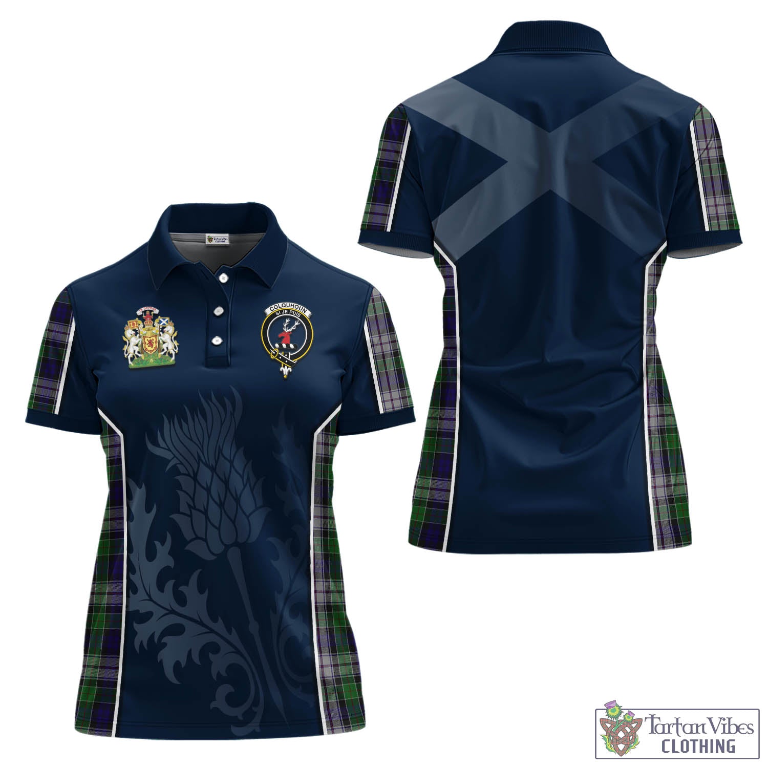 Tartan Vibes Clothing Colquhoun Dress Tartan Women's Polo Shirt with Family Crest and Scottish Thistle Vibes Sport Style