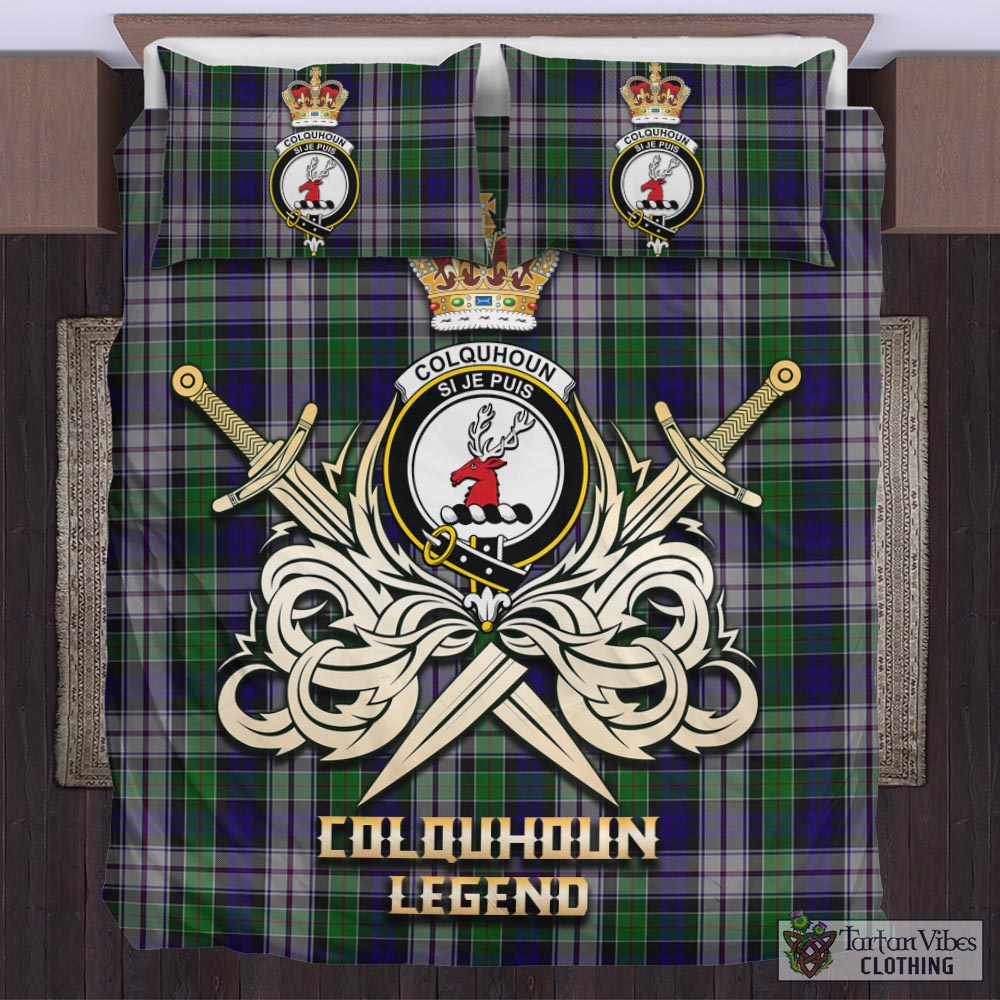 Tartan Vibes Clothing Colquhoun Dress Tartan Bedding Set with Clan Crest and the Golden Sword of Courageous Legacy