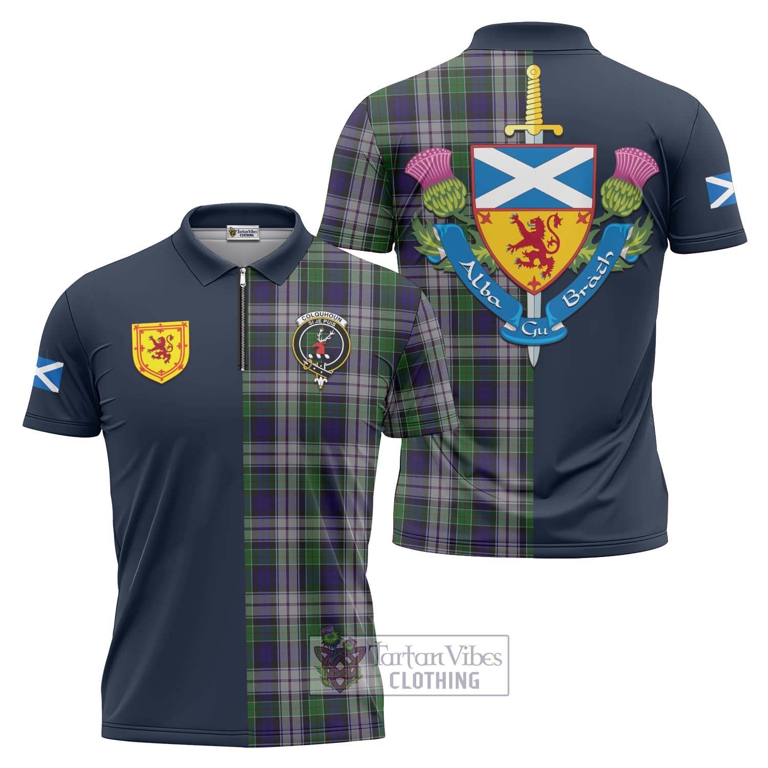 Tartan Vibes Clothing Colquhoun Dress Tartan Zipper Polo Shirt with Scottish Lion Royal Arm Half Style