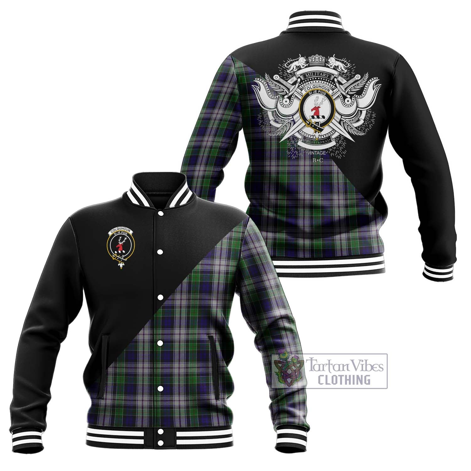 Tartan Vibes Clothing Colquhoun Dress Tartan Baseball Jacket with Family Crest and Military Logo Style