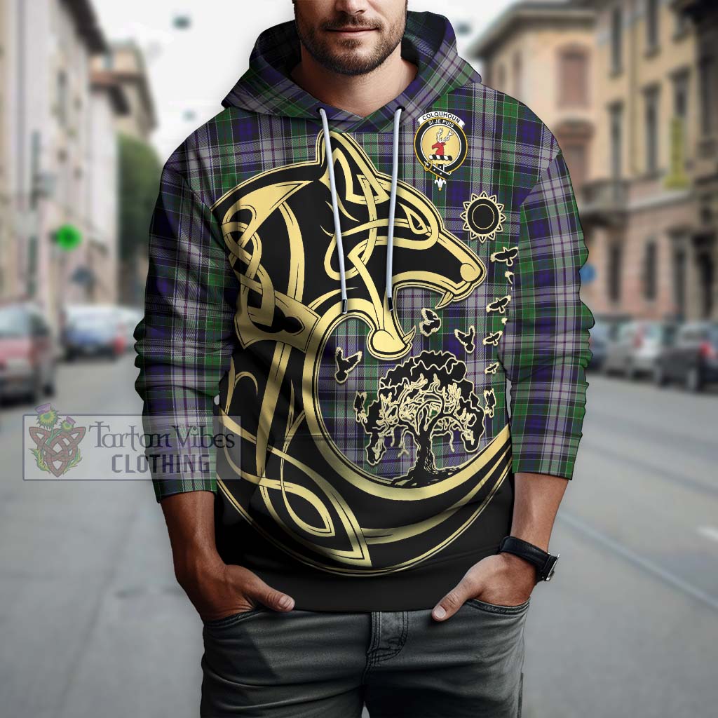 Tartan Vibes Clothing Colquhoun Dress Tartan Hoodie with Family Crest Celtic Wolf Style