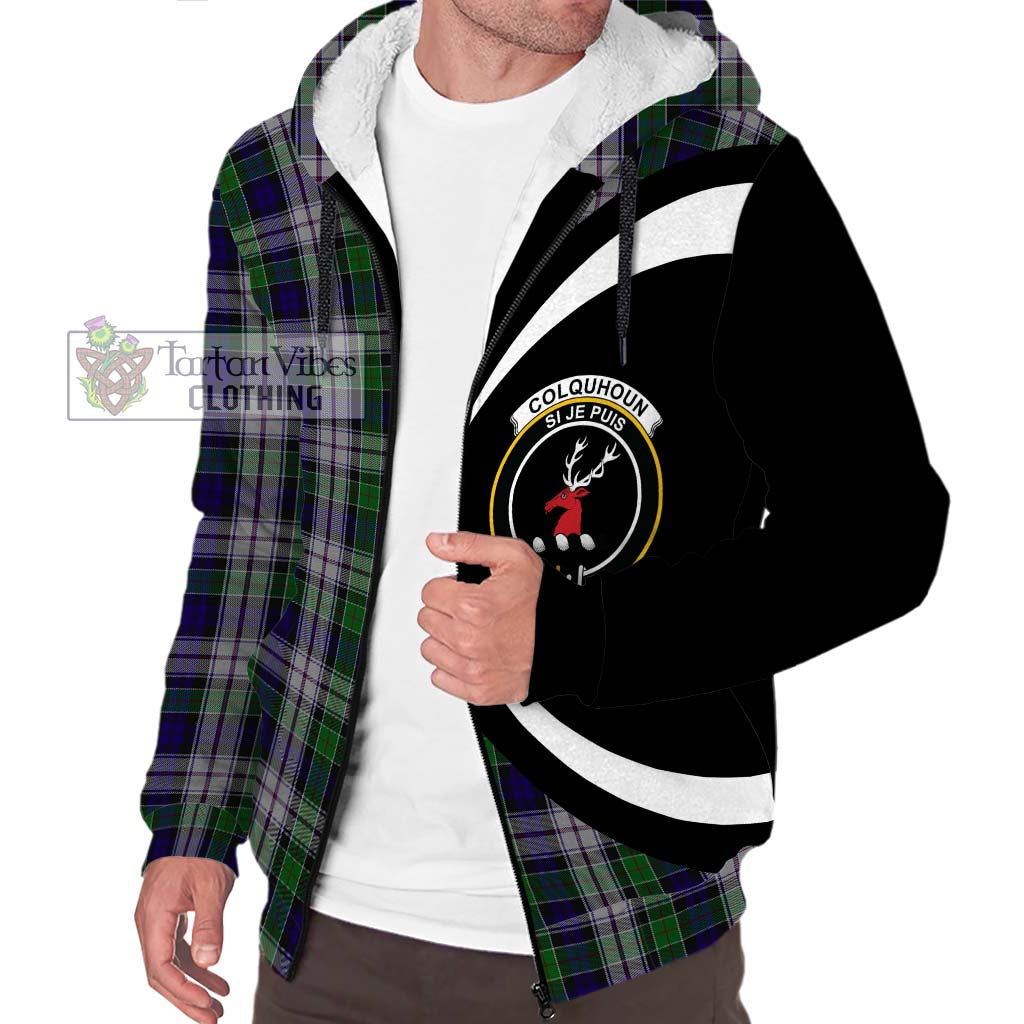 Colquhoun Dress Tartan Sherpa Hoodie with Family Crest Circle Style Unisex S - Tartan Vibes Clothing