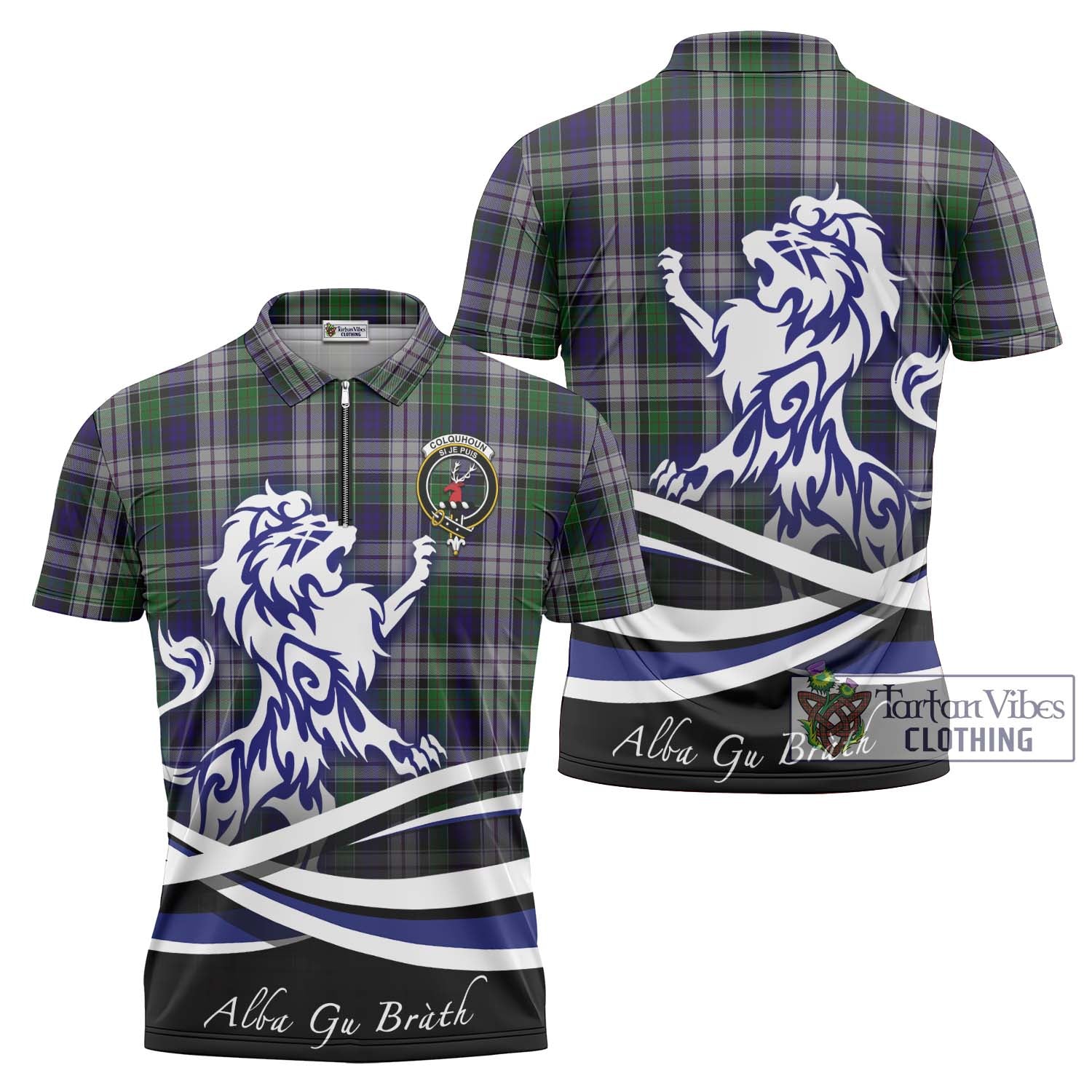 Tartan Vibes Clothing Colquhoun Dress Tartan Zipper Polo Shirt with Alba Gu Brath Regal Lion Emblem