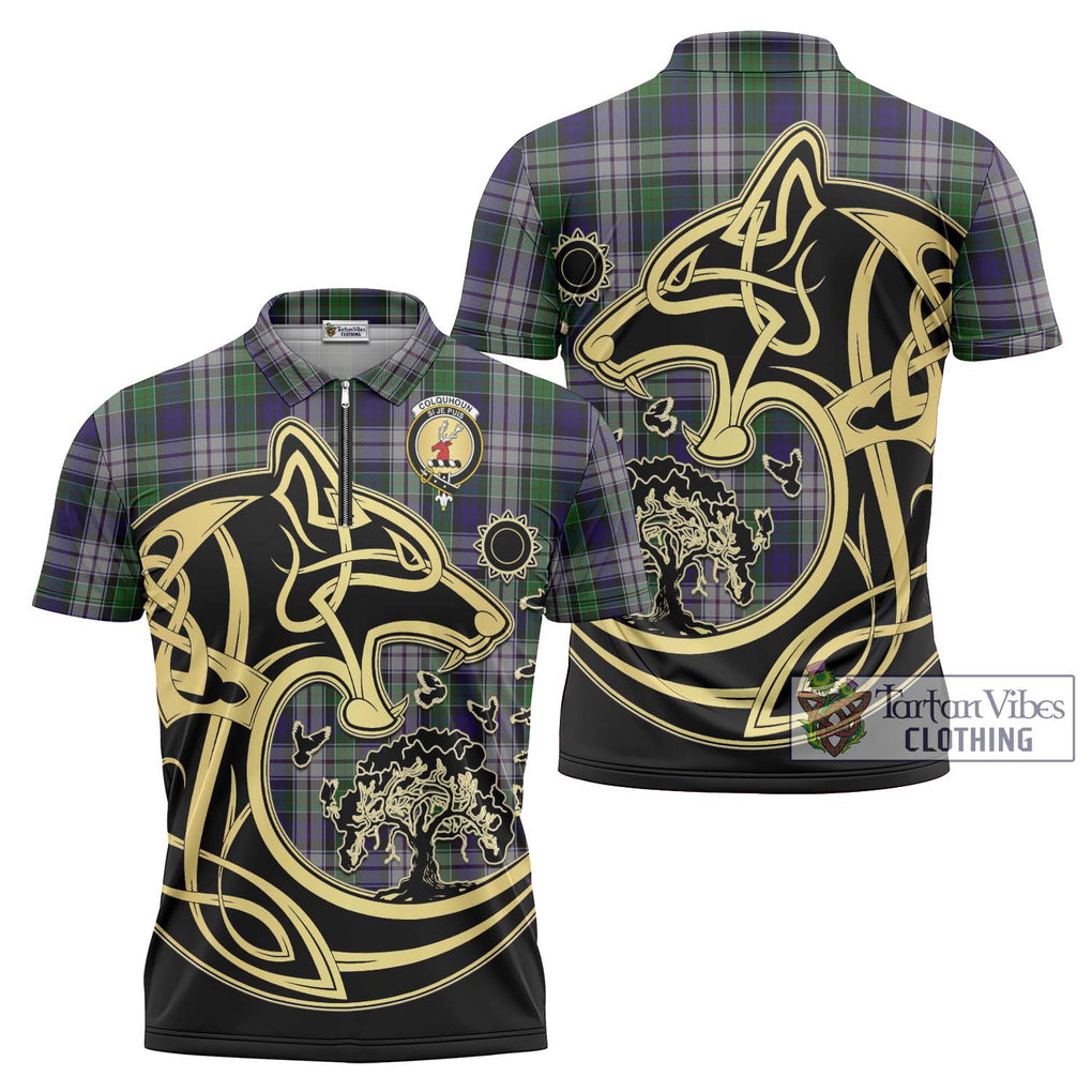 Colquhoun Dress Tartan Zipper Polo Shirt with Family Crest Celtic Wolf Style Unisex - Tartanvibesclothing Shop