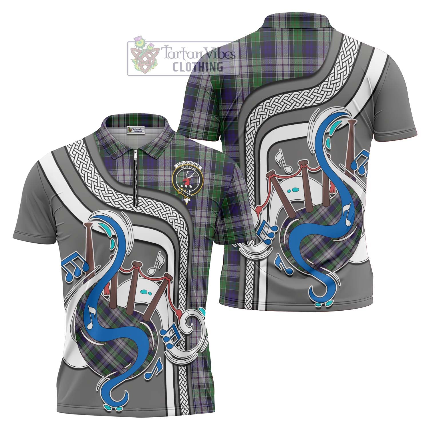 Tartan Vibes Clothing Colquhoun Dress Tartan Zipper Polo Shirt with Epic Bagpipe Style