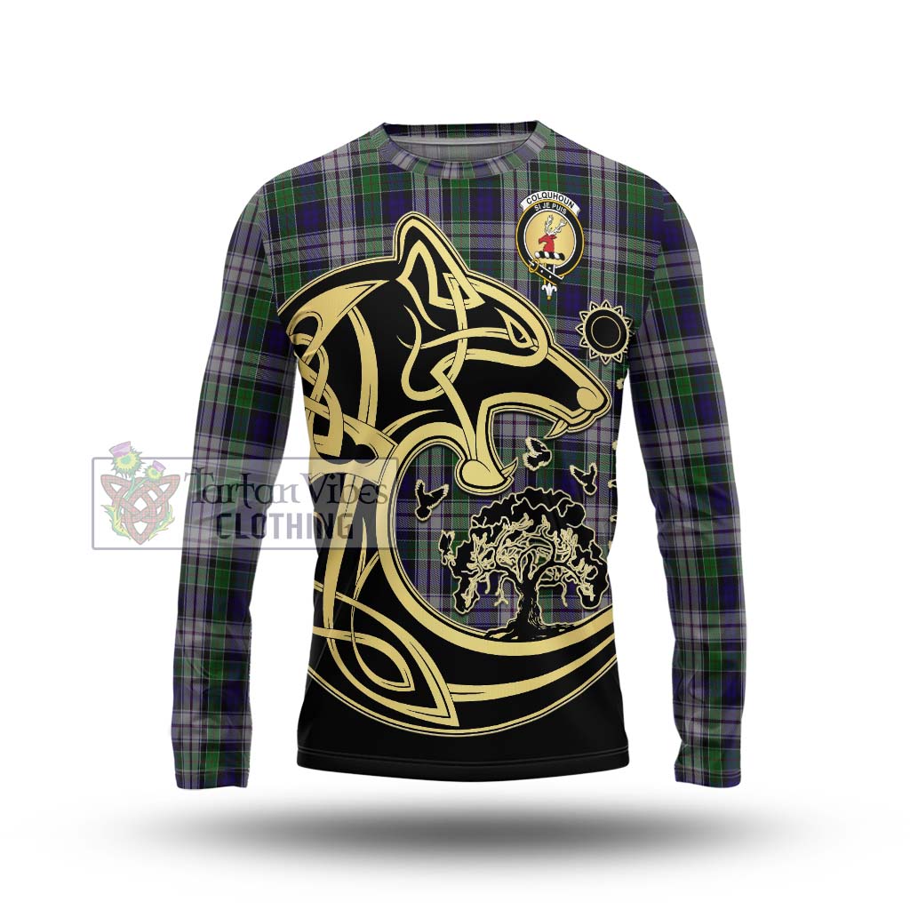 Tartan Vibes Clothing Colquhoun Dress Tartan Long Sleeve T-Shirt with Family Crest Celtic Wolf Style