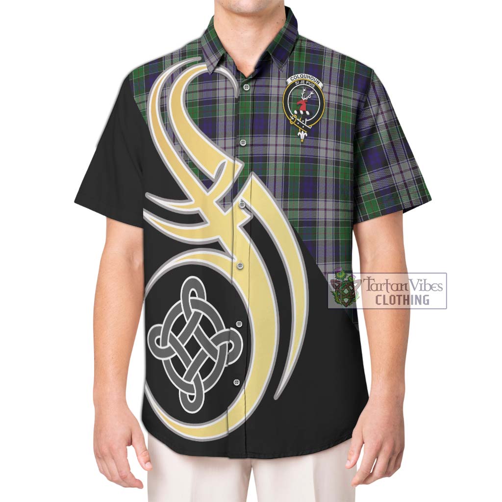 Colquhoun Dress Tartan Short Sleeve Button Shirt with Family Crest and Celtic Symbol Style Kid - Tartan Vibes Clothing