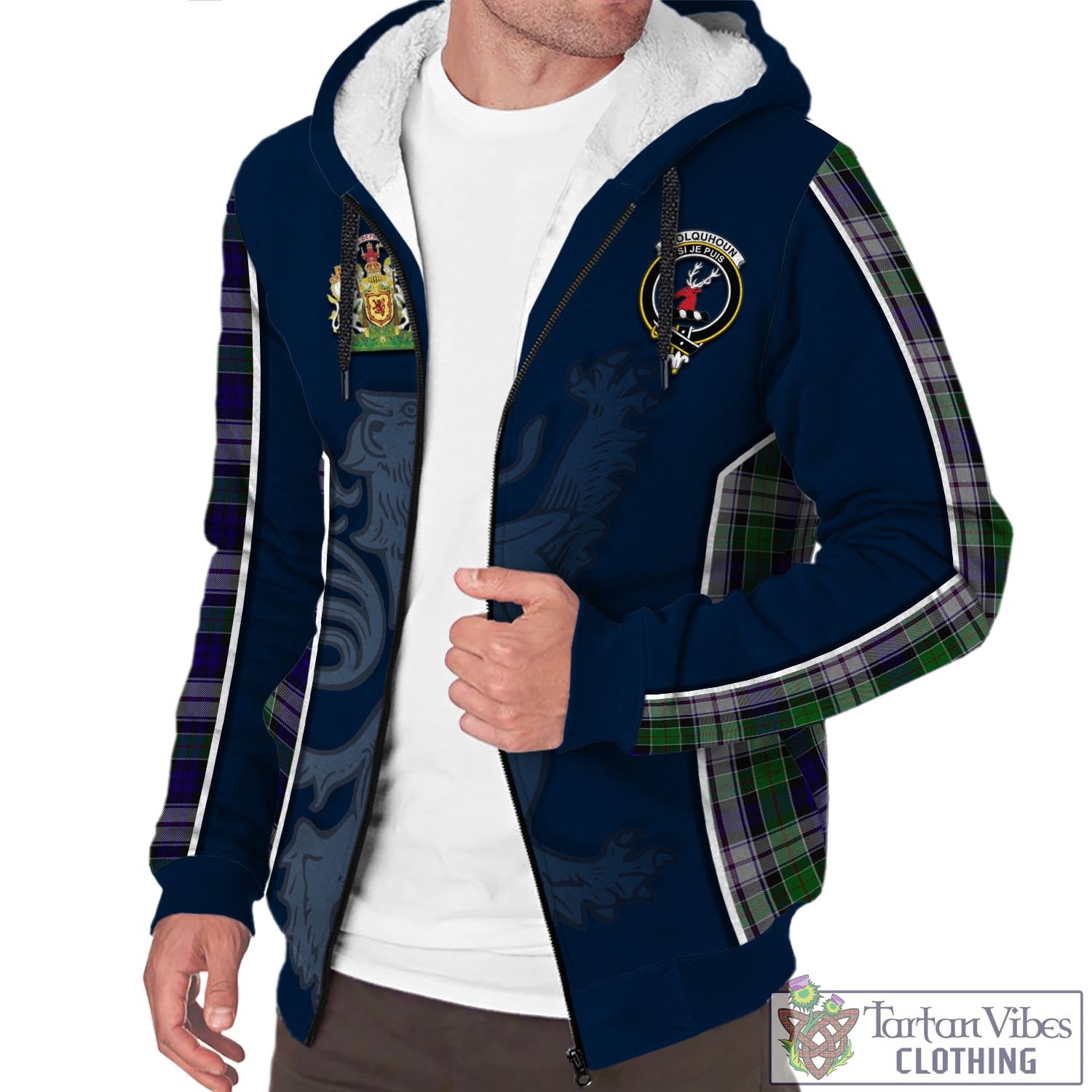 Tartan Vibes Clothing Colquhoun Dress Tartan Sherpa Hoodie with Family Crest and Lion Rampant Vibes Sport Style